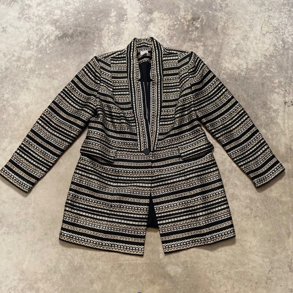 Chicos 2 12 14 Blazer Jacket Gold Black Stripped Tweed Brocade Metallic‎ Zari